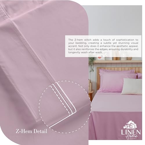 Image of Linen Home 100% Cotton Percale Sheets Queen Size,Mauve Lavender, Deep Pocket, 4 Pieces Set - 1 Flat, 1 Deep Pocket Fitted Sheet and 2 Pillowcases, Crisp Cool and Strong Bed Linen