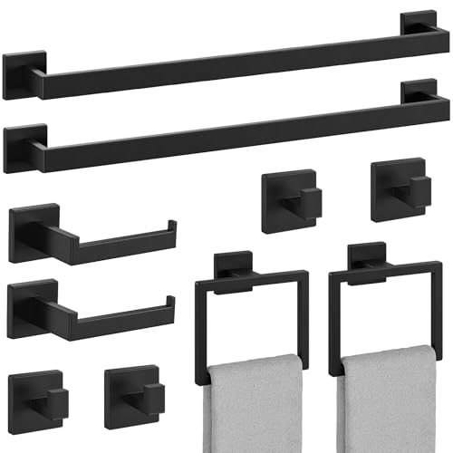 Bubxo 10-Pieces Matte Black Bathroom Accessories Set 24 Inch Bathroom Hardware Set SUS304 Stainless Steel Bath Towel Bar Set Towel Racks for Bathroom Wall Mounted