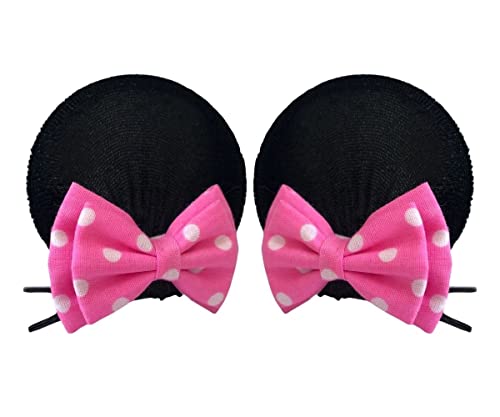 Black Velvet Round Hair Clips with Pink Polka Dot Bow for Cosplay, Fashion Hair Accessories, Theme Park Costume Headpiece Set (2 Pcs.): M23 (MN 2 Bows)