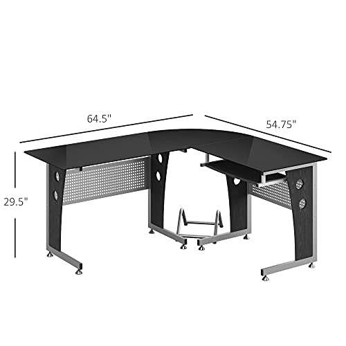 Homcom L-Shaped Corner Computer Desk Gaming Table Home Office Workstation Glass Top P2 Mdf With Keyboard Tray - Black #TOP2