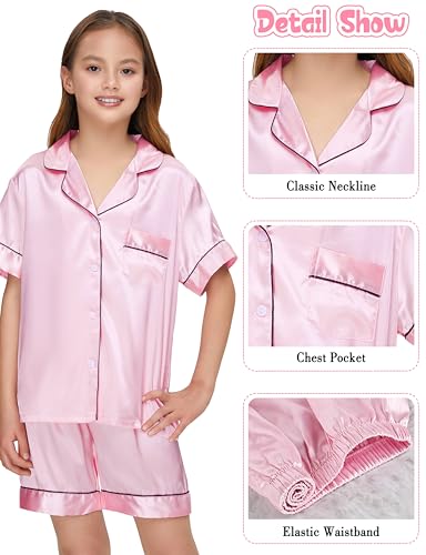 Silk Pajamas for Girls Satin Pajama Kids 3 Pieces Short Sleeve Girl Button-down Pjs Shorts Pants Sleepwear3