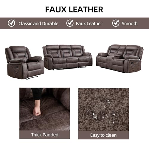 Image of EBELLO Faux Leather Recliner Sofa Furniture Set for Living Room, Recliner Chair, Manual Loveseat, 3 Seat Recliniing Sofa Couch Set for Meeting Room, Grey