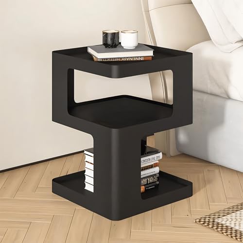 Image of HomeEssentials Modern Bedside Table with Storage Shelves, Nightstand for Bedroom, Side Table for Living Room, Sofa End Table Organizer, Bedside Storage Unit for Books, Remote, Phone & Decor (Black)