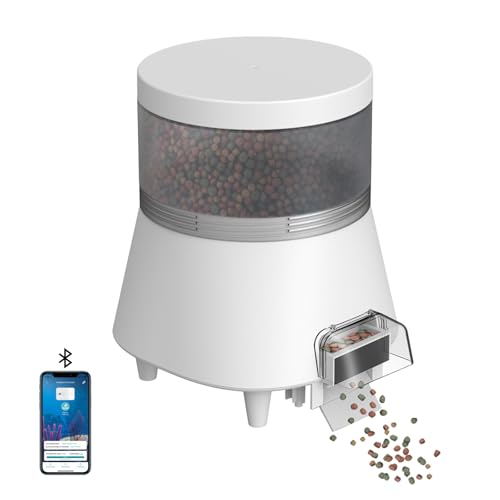 GEZIEKID Large Automatic Fish Feeder for Pond Outdoor Rainproof Koi Fish Feeder, Bluetooth APP Programming, Rechargeable Battery and DC 5V Powered, Capacity 4L White