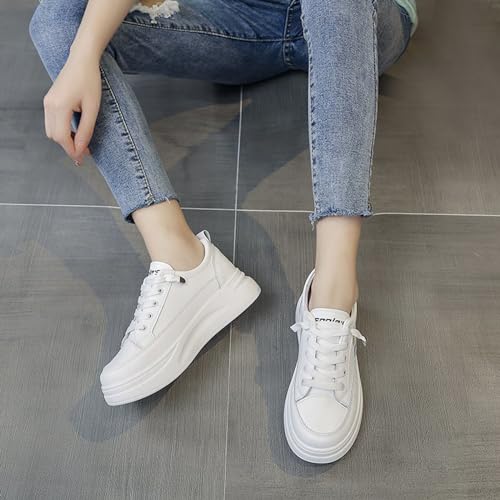 Women's Comfortable Platform Thick Sole White Sneakers Fashion Casual Low Top Lace Up Soft Non-Slip Walking Shoes 7