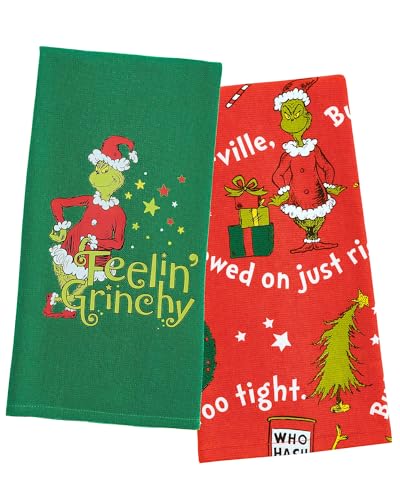 MJC Grinch 2 Pack Kitchen Towel Set Dr Seuss How The Grinch Stole Christmas Feeling Grinchy Cotton Towel Set Baking Cooking