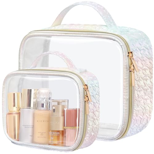 PACKISM Stylish TSA Approved Toiletry Bag Set, Ruched, Clear Makeup Bags with Handle, 1 TSA Medium & 1 Large for Travel, Gift for Women, Colorful White