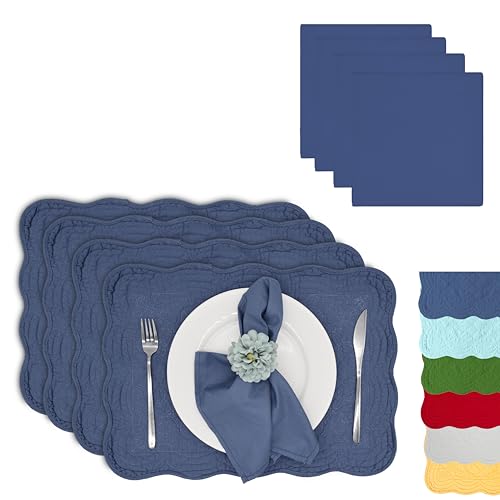 ART PineCone 8-Piece Quilted Cotton Placemats & Napkins, Dark Steel Blue