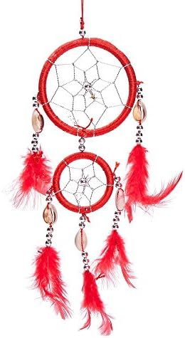 THY COLLECTIBLES 12" Traditional Red Dream Catcher with Feathers Wall or Car Hanging Ornament 2 Circles