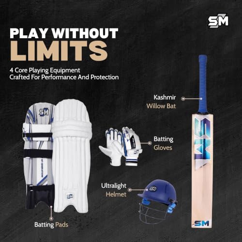 Image of SM Origin Complete Cricket Kit for Men | Cricket Set | 8-Piece: Kashmir Willow Bat + Helmet + Pads + Gloves + Kit Bag + Thigh + Arm + Abdominal Guard | Beginner Starter Kit | Club & Academy | Size SH