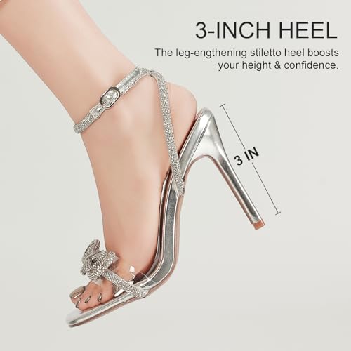 Women's Double Bowknots Heels Crystal Sandals, Silver Strappy High Heels for Women Open SquareToe Clear Heels Wedding Shoes Ankle Strap Crystal Rhinestonefor3