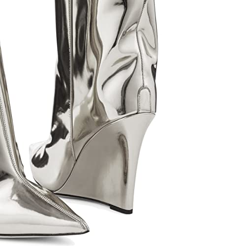 Arqa Liquid Metallic Knee High Boots Pointed Toe Shiny Chrome Wedge Heel Boot Pull-on Tall Boots2