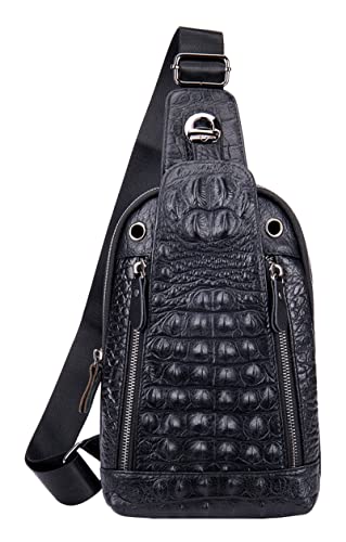 Men's Crocodile Pattern Leather Casual Daypack Genuine Leather Sling Bag Backpack Crossbody Shoulder Bag Chest Bag