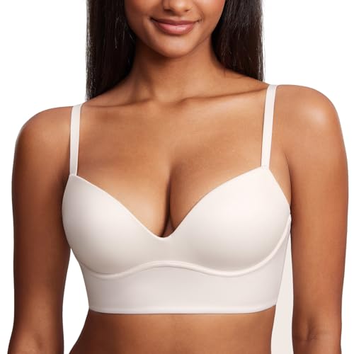 Image of DOBREVA Women's Push Up Wireless Bra Padded T Shirt Bras No Underwire Plunge Bralette