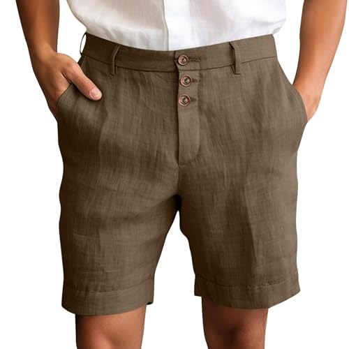 Pantalones cortos casuales y modernos de algodón y lino con cordón elástico, color sólido, cómodos y transpirables, pantalones cortos de playa para correr para hombre, marrón, 3XL