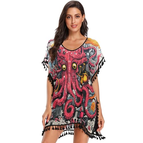 KAAVIYO Majestic Pink Octopus Seahorses Women's Beach Cover Up Chiffon Tassel Swimwear Swimsuit Coverups for Girl