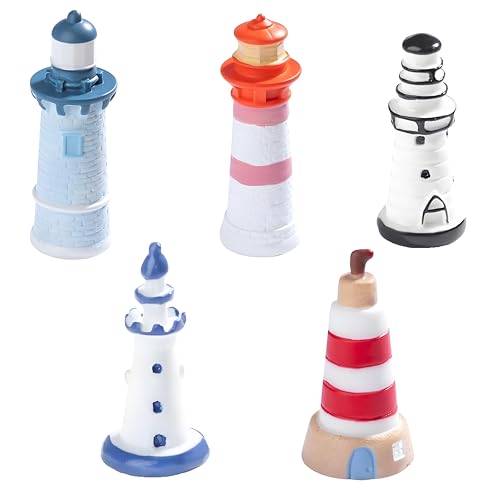 JiuGongmoup 5 Pack Mini Resin Lighthouse Models – Nautical Desktop Ornaments, Coastal Style Table Decorations, Aquarium & Fish Tank Decor, Small Lighthouse Figurines for Home & Office Display