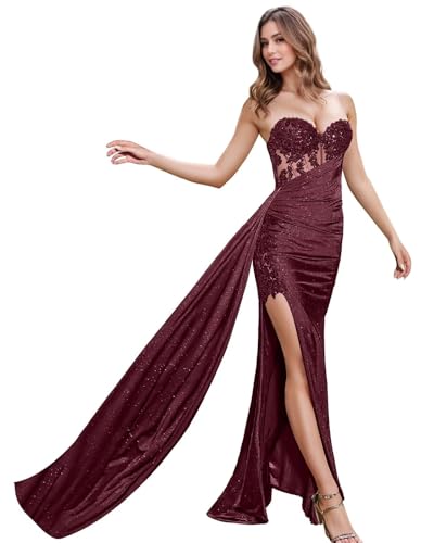 Sheer Lace Appliques Mermaid Prom Dress 2025 for Women Sweetheart Side Slit Formal Evening Party Gowns with Flowy Sash