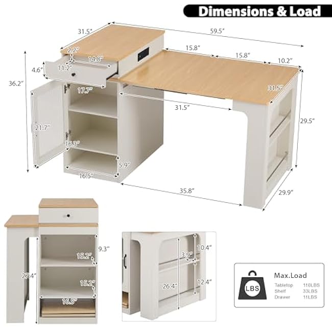 Kitchen Island with Extendable Dining Table and Double-Sided Storage, Kitchen Island Cart with Storage Drawers, Power Outlet and Side Open Shelves for Dining Room (White)-SuPp10hk