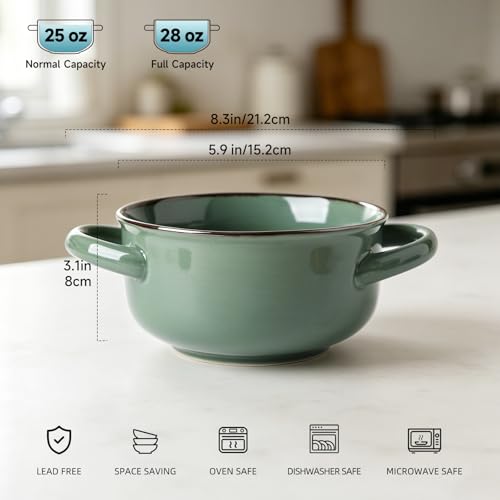 MONITO Ceramic Salad Bowl with Handles, 28 oz French Onion Soup Bowls, Ceramic Soup Bowls for Cereal, Pasta, Chilli, Beef Stew, Stackable Serving Bowl Set of 4 (28 OZ) — view 2