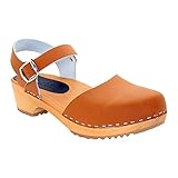 BJORK Swedish Comfort Women's Alma Low Heel Wooden Clog Sandals - (Cognac EU-37)