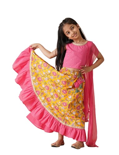 Image of Amazon Brand - Symbol Kids Girls Cotton Readymade Lehenga Choli Dupatta Set (3 pcs) | Ethnic Wear