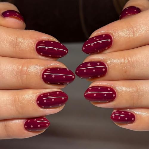 Burgundy Red Press on Nails Polka Dot Nail Press ons Short Oval Fake Nails