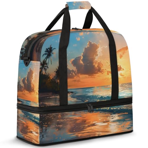 Large Weekender Overnight Bags Ocean Beach Sunset Travel Duffel Bag for Women Men Gym Bag With Shoe Compartment Foldie Travel Tote Bag Carry On Personal Item Bag for Travel Gym Sports