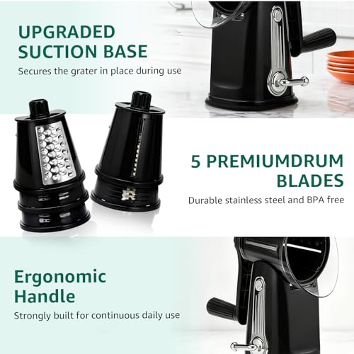 Rotary Cheese Grater Hand Crank - Cheese Shredder with 5 Blades & Strong Suction Base, Mandoline Slicer Vegetable Chopper, Kitchen Gadgets with Storage Box, Black - Image 4