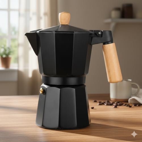 Image of Black Stovetop Moka Pot Espresso Maker with Wooden Handle & Knob Traditional Italian Aluminium Coffee Percolator with Safety Valve, Octagonal Design, Compatible with Gas & Induction Stoves