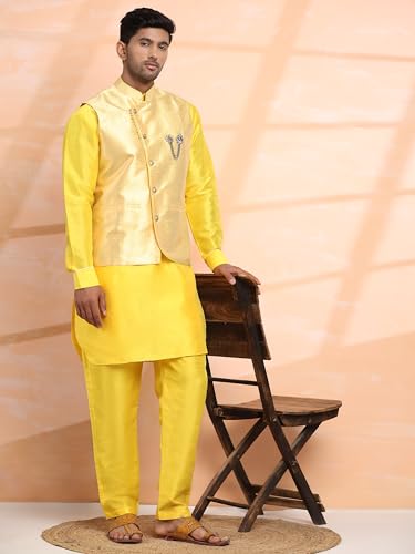 Men Silk Kurta Pajama Set With Nehru Jacket Indian Ethnic Wear (Waistcoat) (C-102)3