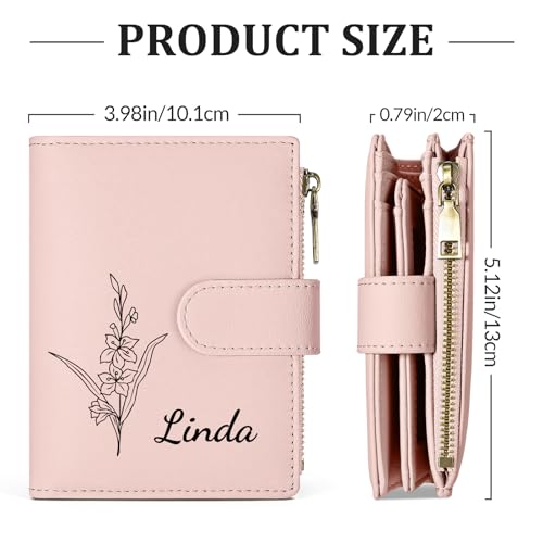 Personalized Wallets Women, RFID Blocking Bifold Zipper Pocket Wallet,Custom Birth Flower&Name Ladies Wallet, Small Leather Purse with ID Window, Customized Presents for Women(Pink)3
