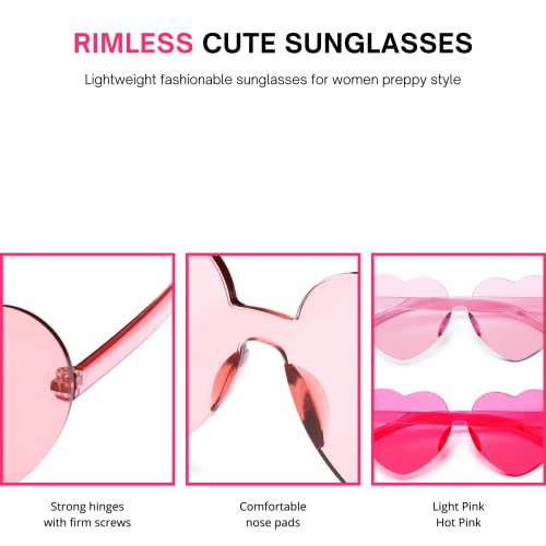 4E's Novelty 2 Pack Heart Shaped Sunglasses For Women - Transparent Light Pink & Hot Pink Color Rimless Glasses, Valentines Party Fashion Accessories #TOP6