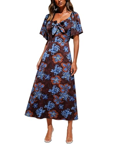 Image of Fashionme Womens Dresses 2026 Maxi Dresses Deep V Neck Elegant Bow Tie Front Cap Sleeve Summer Floral Satin Smocked Dress