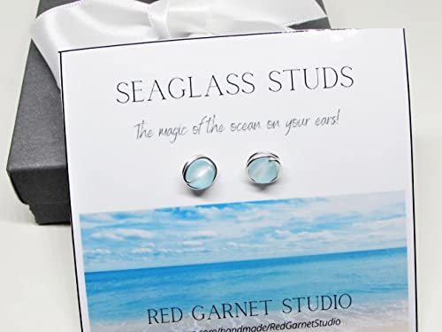 Tiny Aqua Blue Sea Glass Stud Earrings- Sterling Silver Or 14K Gold Filled Posts- Wire-Wrapped Beach Jewelry For Women #TOP6
