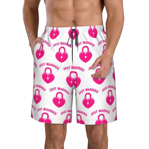 just Married Print Men's Beach Shorts Hawaiian Swim Trunks Quick Dry Summer Sports Bathing Suits