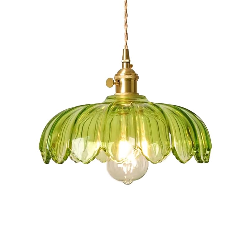 ELINKUME Lustre en verre - Luminaires vintage pour îlot de cuisine - Pendentif en forme de fleur verte - Petite lumière pour chambre à coucher, hôtel,...