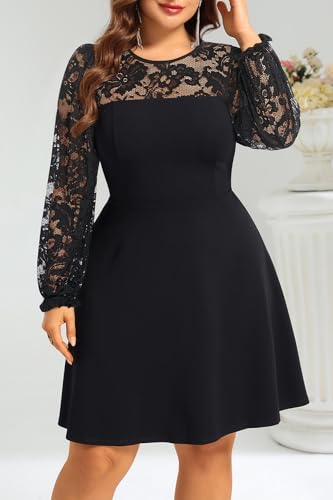 Image of Plus Size Cocktail Dress - Lace Wedding Guest Party Crew Neck Short A Line Dresses Women