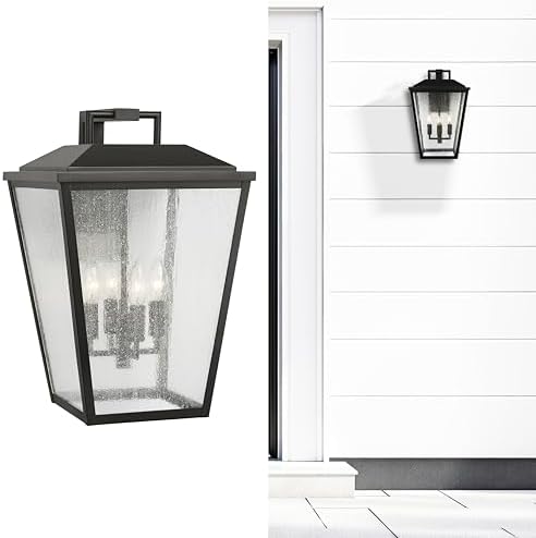 Scott Living 4-Light Kennewick Transitional Outdoor Wall Lantern in Antique Bronze Finish with Clear Seeded Shade DJO1084ANBZ, Outdoor Light Fixture for Front Porch Decor and Wall Lights