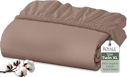Image of Royale Linens 100% Organic Cotton Fitted Sheet - Percale Weave - Super Soft Deep Pocket Bottom Sheets - Mocha Elastic Sheet Twin XL Size - Twin XL Fitted Sheets Only - (39 inchx75 inch+15 inch, Mocha)