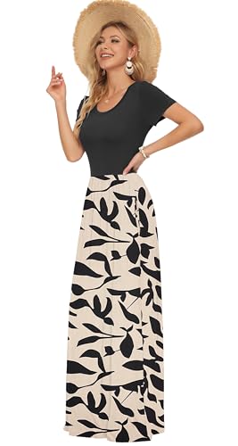 AUSELILY Damen Kurzarm Sommer Casual Long Maxi Kleider mit Taschen Schwarz Blätter M – Ansicht 2