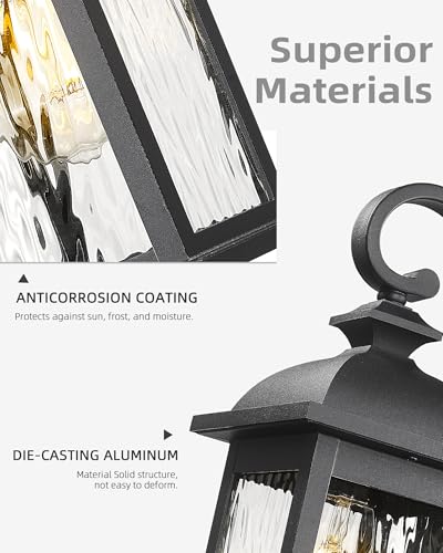 Image of FEMILA Dusk to Dawn Exterior Wall Sconce, 15 inch Front Porch Light Fixtures Wall Mount for Patio, Garage, Garden, UL Listed, Matte Black Water Ripple Glass, 4FD54B-PC BK-WP