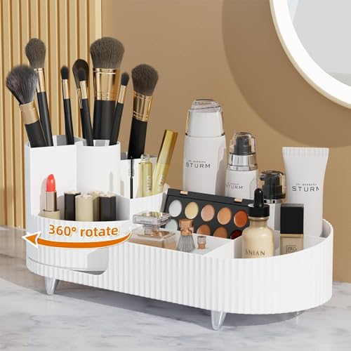 Image of BIG MAKE UP BOX,Large Cosmetic Storage Case with 360 Degree Rotating Organizer, 9 Slot Makeup Brush Holder, Beauty Makeup Organizer for Bathroom, Countertop, Vanity.