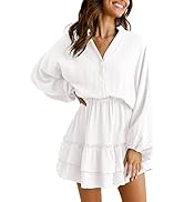 ARTFREE Womens Mini Dress Long Lantern Sleeves Dress V Neck Button Down Ruffle Tiered Solid Swing...
