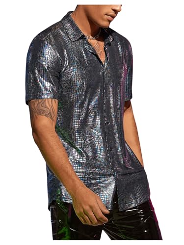 WDIRARA Men's 70s Sparkly Disco Top Crocodile Pattern Metallic Rave Button Down Shirt Short Sleeve Party T Shirt4