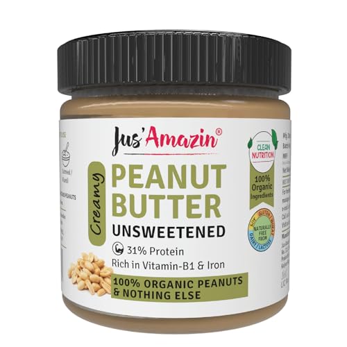 Jus' Amazin Creamy Organic Peanut Butter - Unsweetened (200g) | 31% Protein | Single Ingredient - 100% Organic Peanuts (no added Sugar/Salt) | Dairy Free | Keto | Clean Nutrition