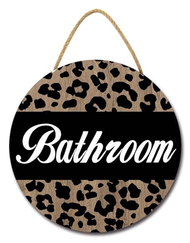 SRongmao Bathroom Front Door Sign Front Door Hanging Sign Farmhouse Bathroom Wall Decor Leopard Print Wood Sign Rustic Wooden Door Hanging Decor for Housewarming Home 12inch
