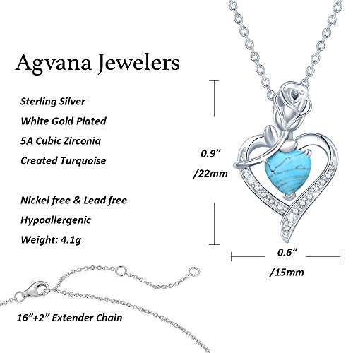 Agvana December Birthstone Jewelry Turquoise Necklace For Women Sterling Silver Rose Flower Heart Pendant Necklace Fine Jewelry Anniversary Birthday Gifts For Women Girls Mom Wife Lady #TOP5