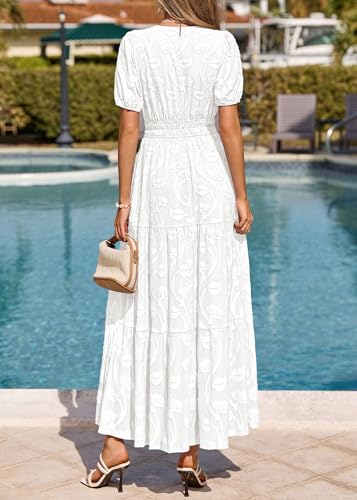 Image of KIRUNDO Summer Dresses for Women 2026 Boho Flowy Casual Short Sleeve V Neck Elastic Waist Floral Long Baby Shower Maxi Dress