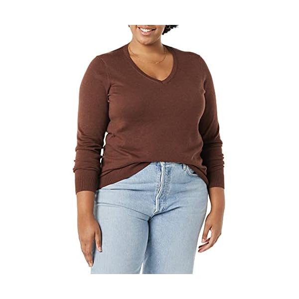 Amazon-Essentials-Womens-Classic-Fit-Lightweight-Long-Sleeve-V-Neck-Sweater Amazon Essentials Women's Classic-Fit Lightweight Long-Sleeve V-Neck Sweater (Available in Plus Size), Dark Chestnut Brown Heather, Medium